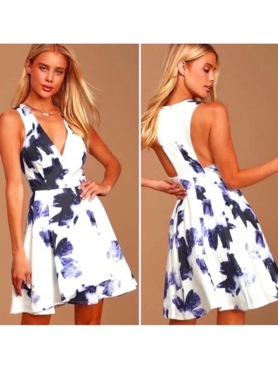 Lulus Dresses & Skirts - New LULU'S Seeing Chic Blue White Watercolor Sleeveless Racerback Skater Dress S